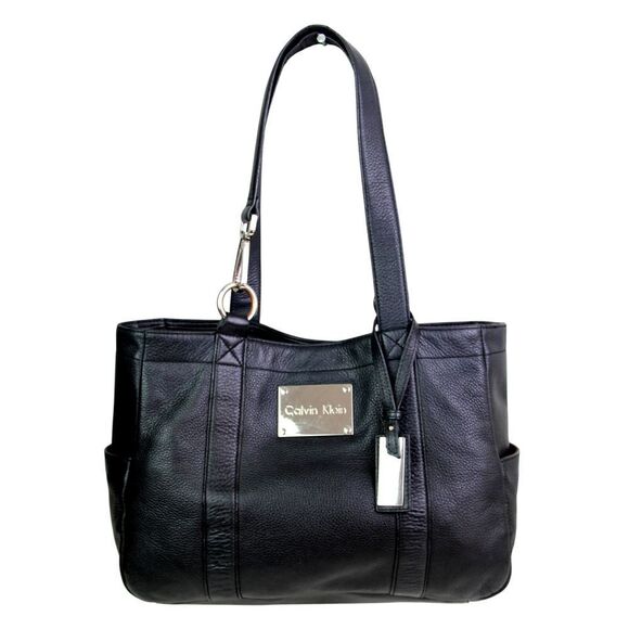 ROOMY Calvin Klein BLACK REAL LEATHER LOGO SHOULDER BAG HANDBAG TOTE HOBO PURSE - Picture 1 of 16